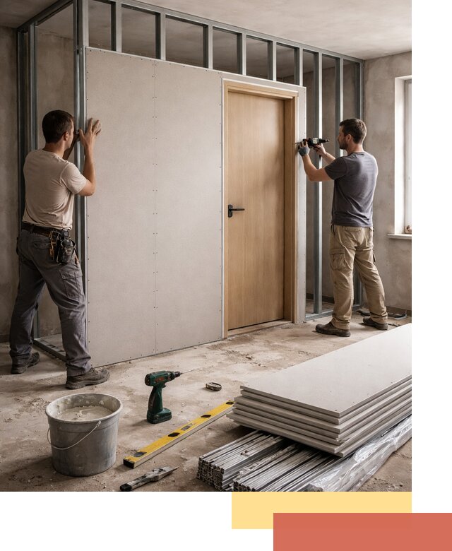 Перегородка из гипсокартона с дверью под ключ в Рубцовске