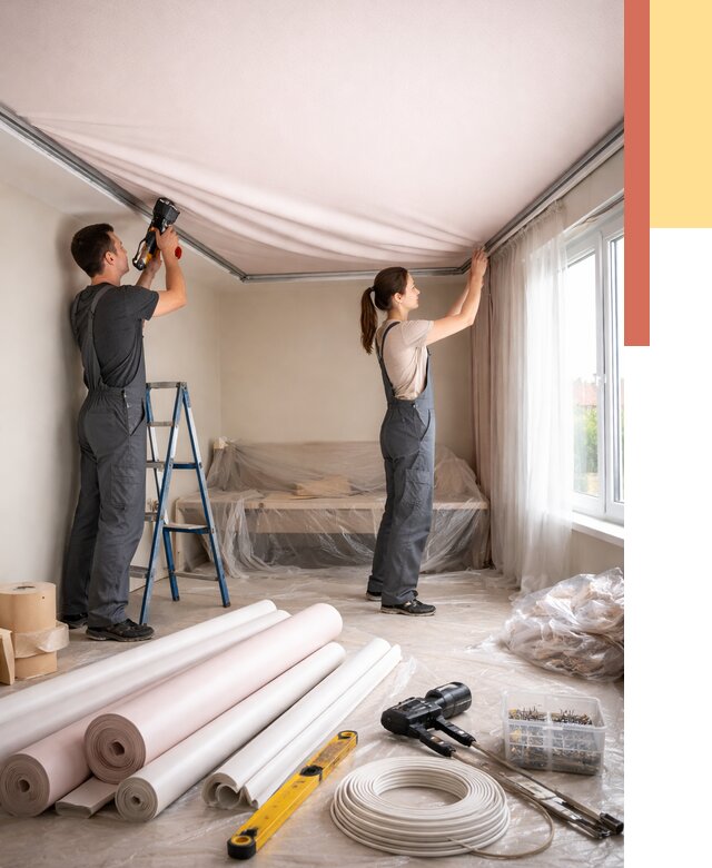 Монтаж цветного натяжного потолка в Рубцовске от 4247 руб/м² — быстро и недорого | ОТДЕЛОЧНИК-Рбц