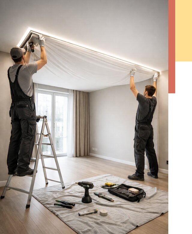 Монтаж парящего натяжного потолка в Рубцовске от 4551 руб. быстро и недорого | ОТДЕЛОЧНИК-Рбц