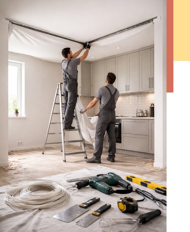 Установка натяжного потолка на кухне в Рубцовске от 2427 руб. | ОТДЕЛОЧНИК-Рбц