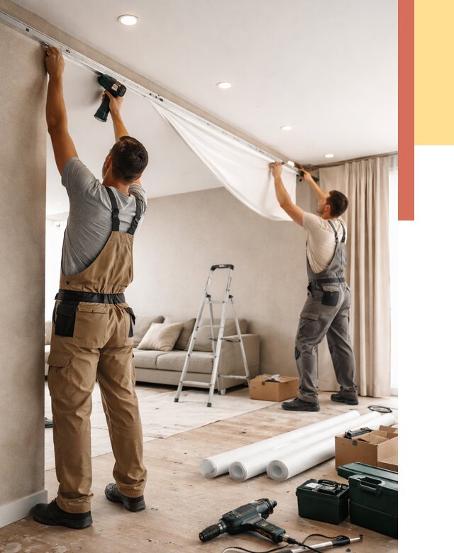 Монтаж натяжного потолка в гостиной в Рубцовске от 556 руб. | ОТДЕЛОЧНИК-Рбц