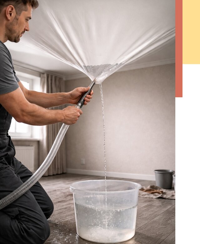 Слив воды с натяжного потолка в Рубцовске от 2528 руб. быстро и недорого | ОТДЕЛОЧНИК-Рбц